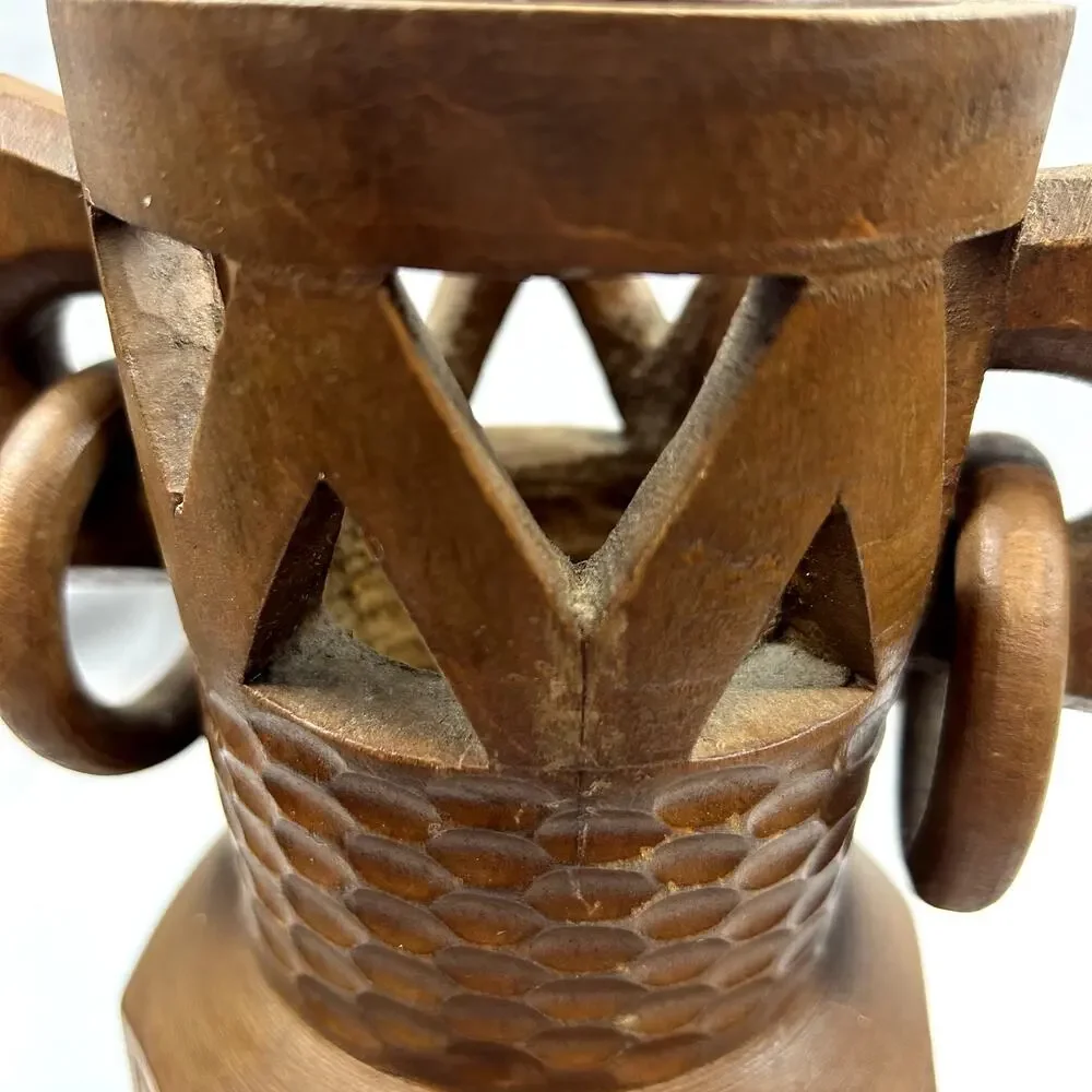 SKU2708 Rare Vintage Hand Carved Wood Water Urn Vase Handmade Loops Handle Art